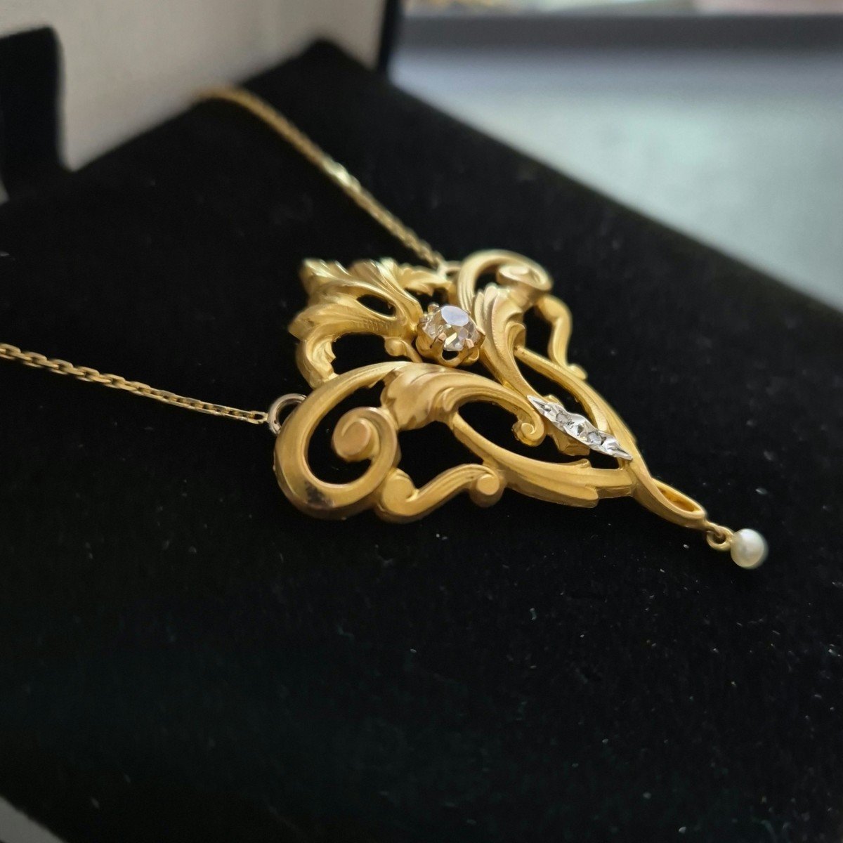 Yellow Gold Diamond Pearl Art Nouveau Pendant Late 19th Century-photo-3