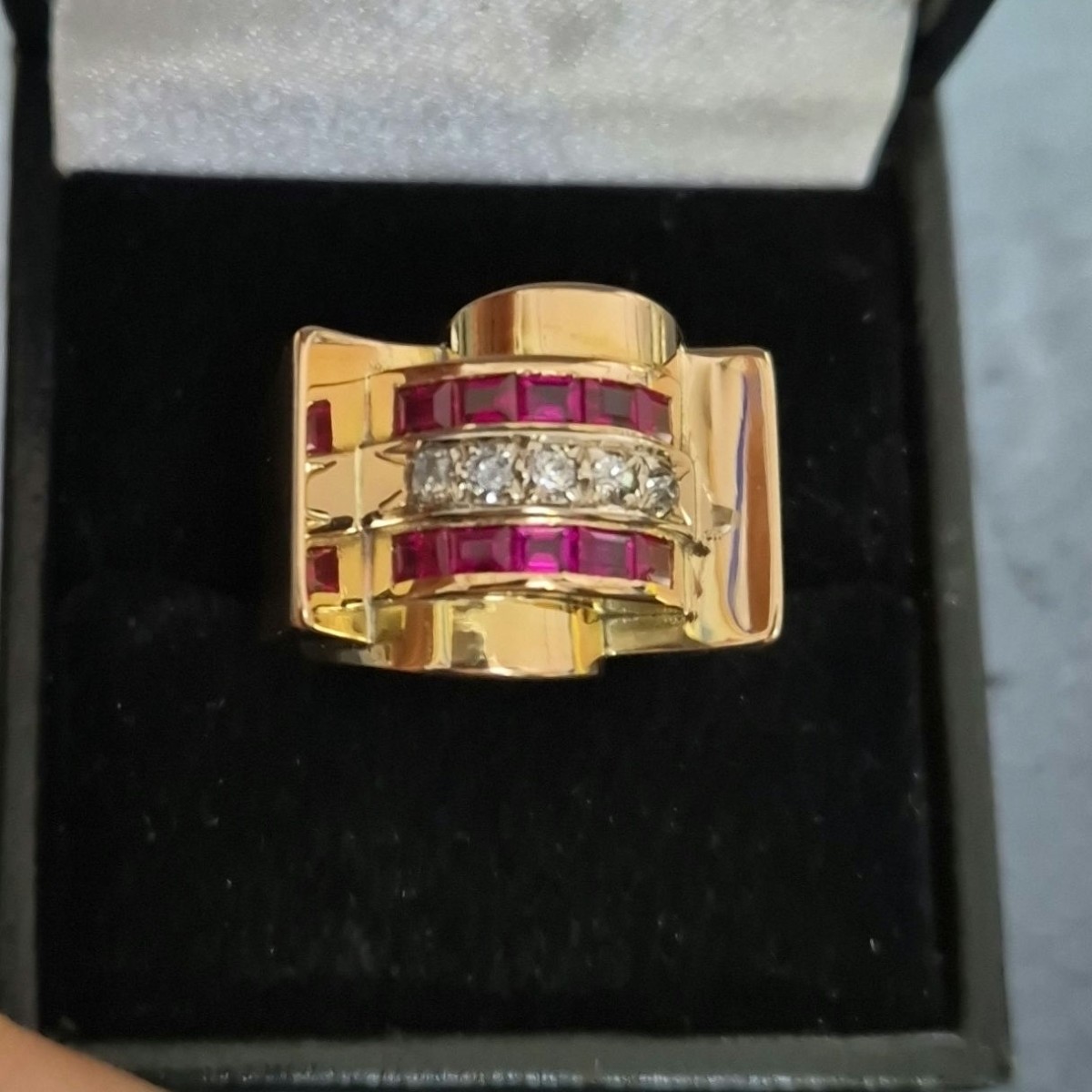 1940s Tank Ring In Rose Gold With Ruby Diamonds