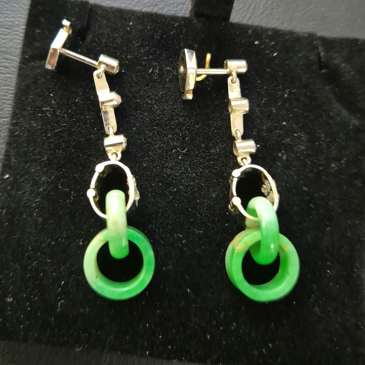 Boucles d'oreilles art déco platine diamants et jade-photo-4