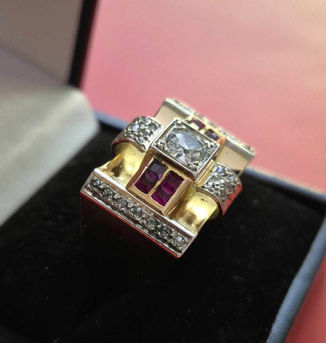 1940s Tank Ring In Rose Gold With Ruby Diamonds-photo-3
