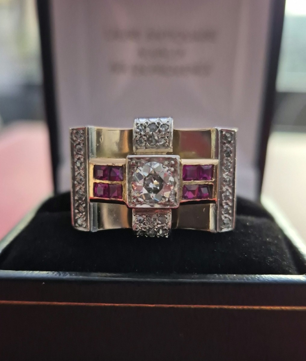 1940s Tank Ring In Rose Gold With Ruby Diamonds-photo-4