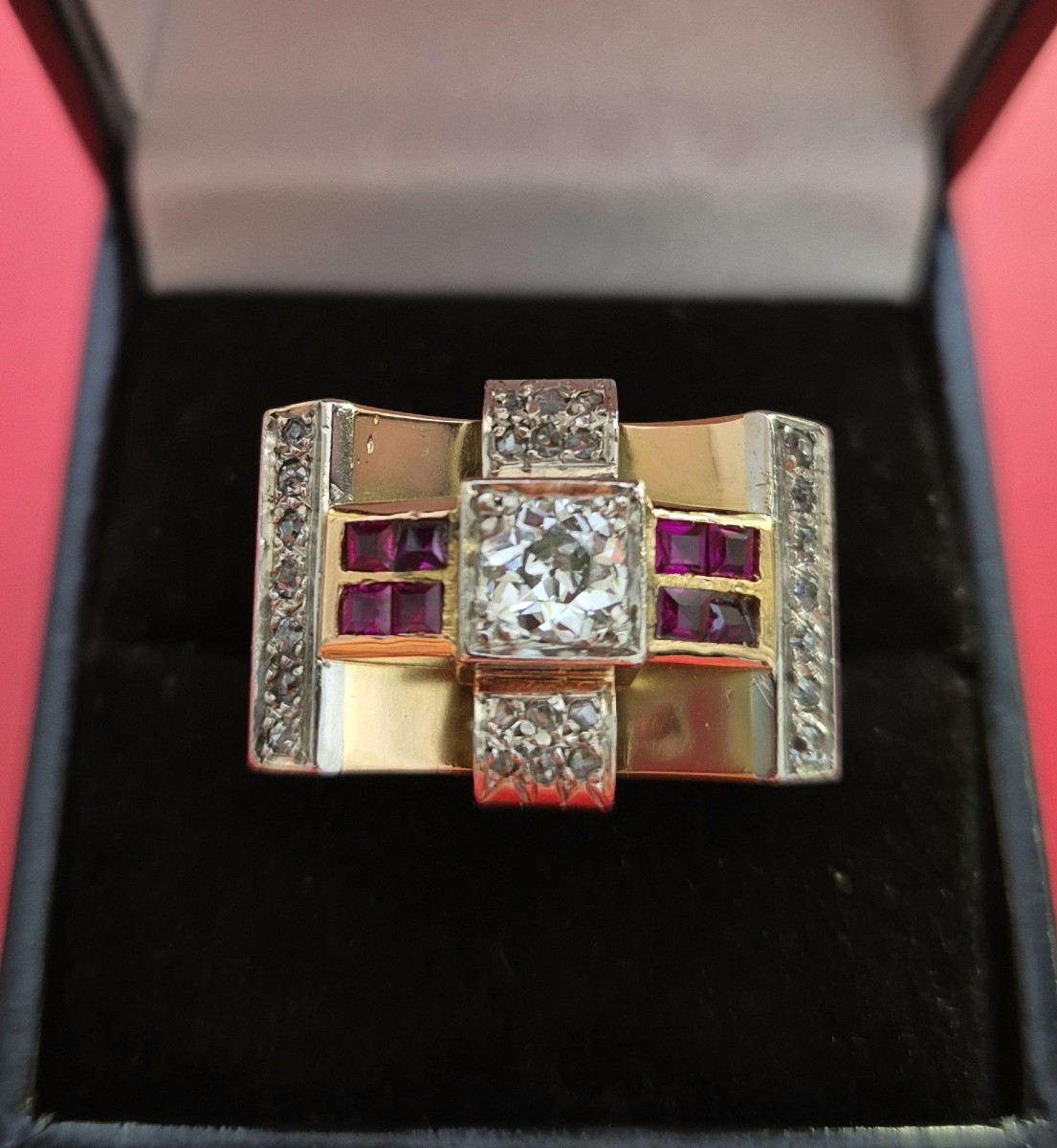 1940s Tank Ring In Rose Gold With Ruby Diamonds