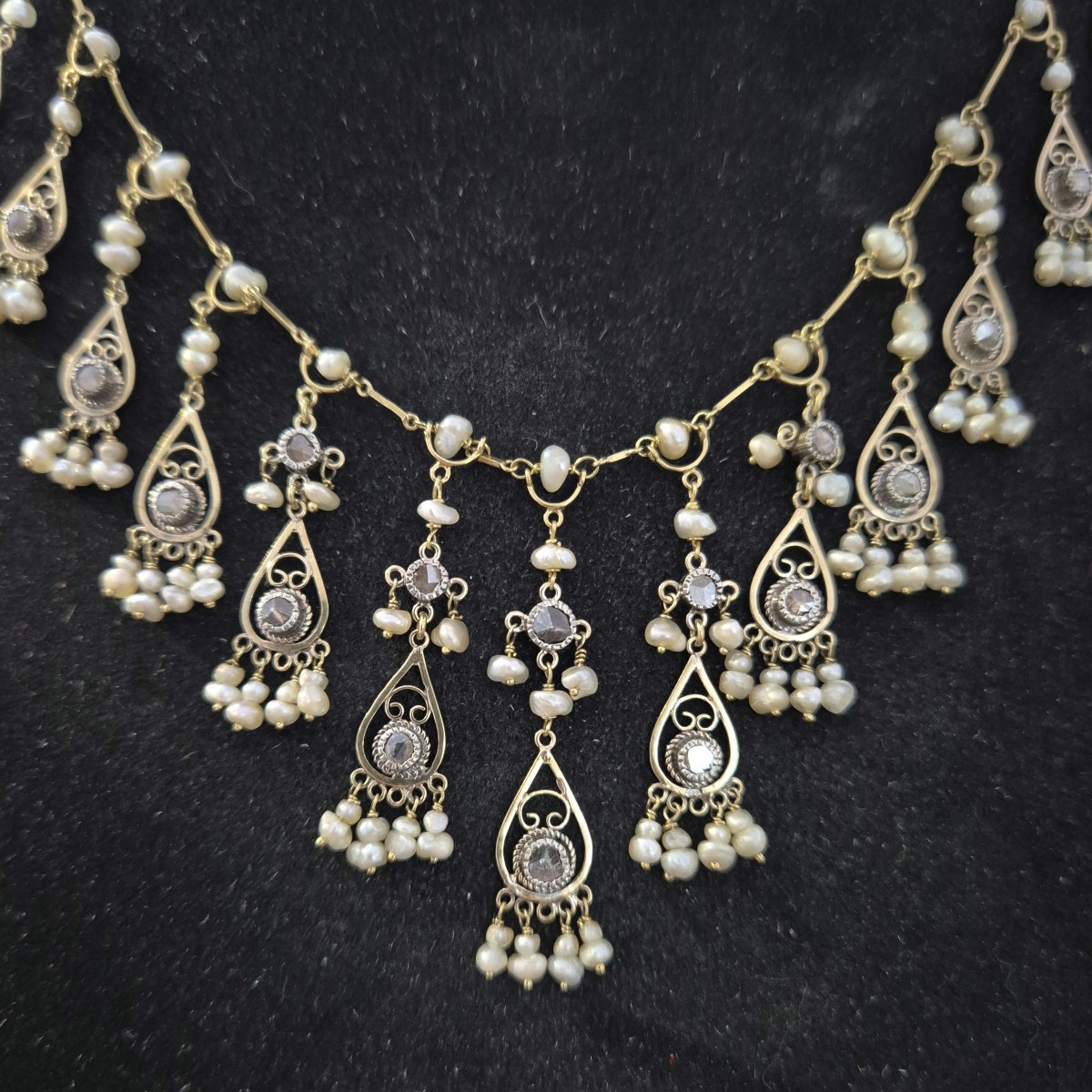 Art Deco Necklace With Rose-cut Diamonds And Pearls-photo-2