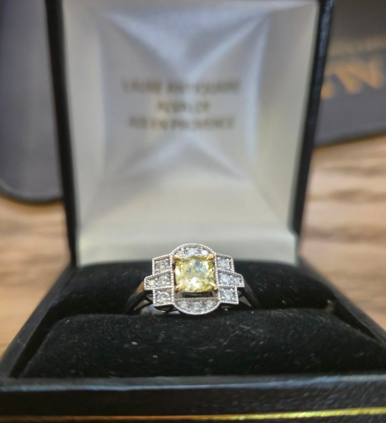 Bague style art déco diamants diamant jaune-photo-4