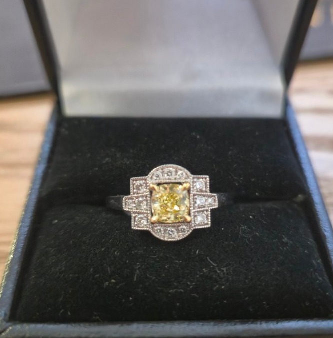 Bague style art déco diamants diamant jaune-photo-1