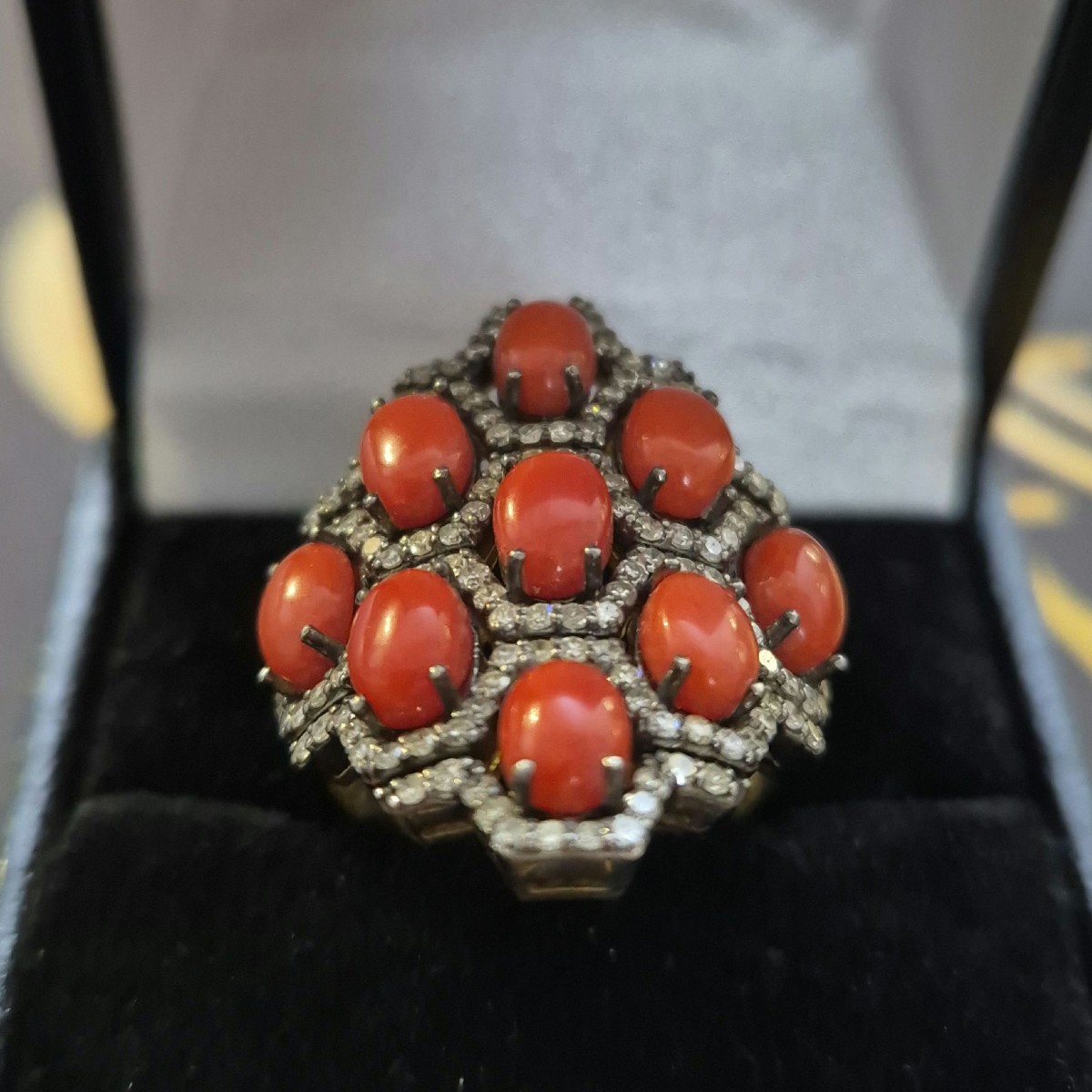 Gold And Silver Coral Ring With Diamonds-photo-3