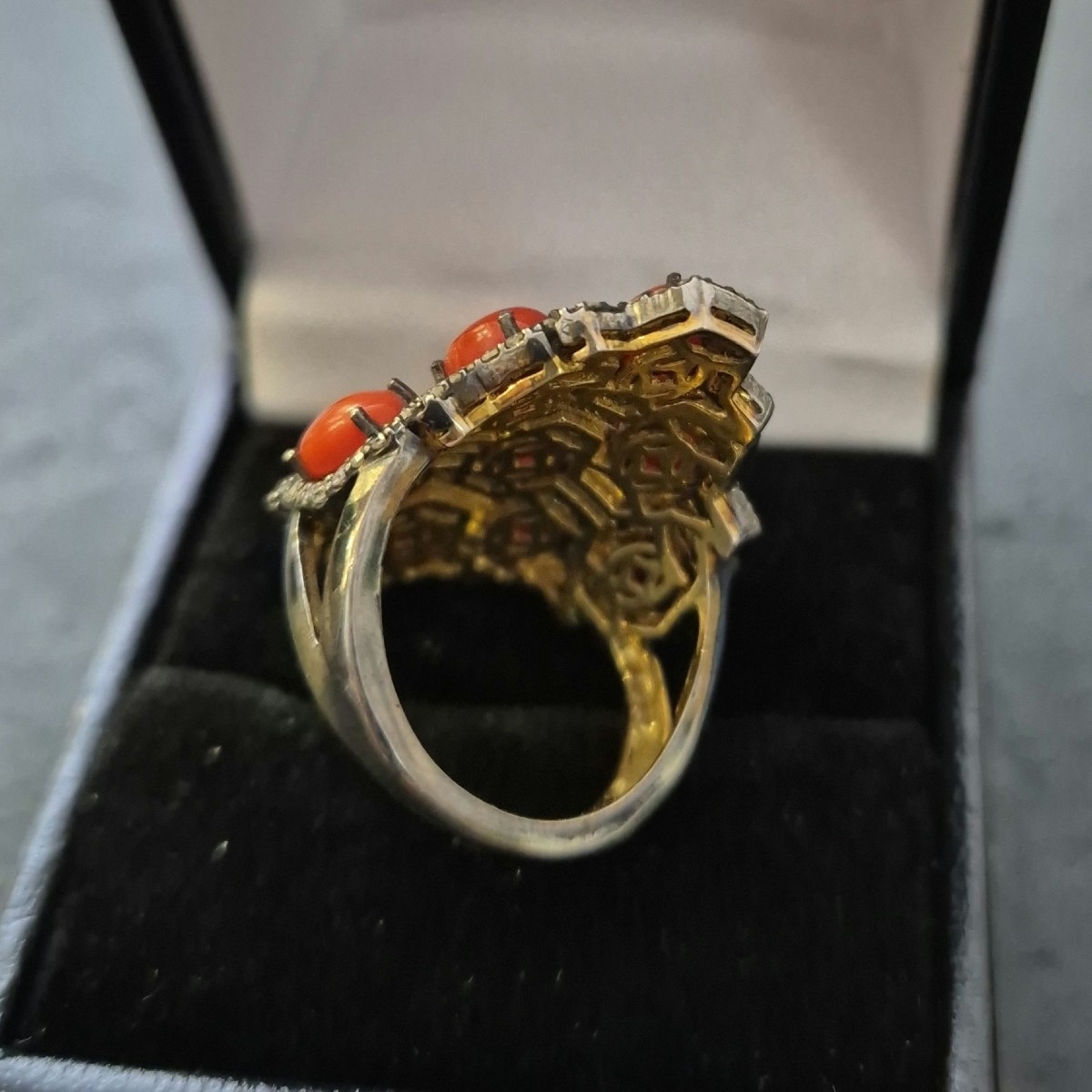 Gold And Silver Coral Ring With Diamonds-photo-2