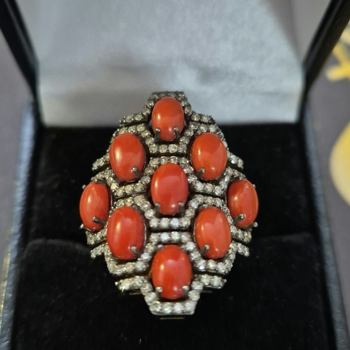 Gold And Silver Coral Ring With Diamonds