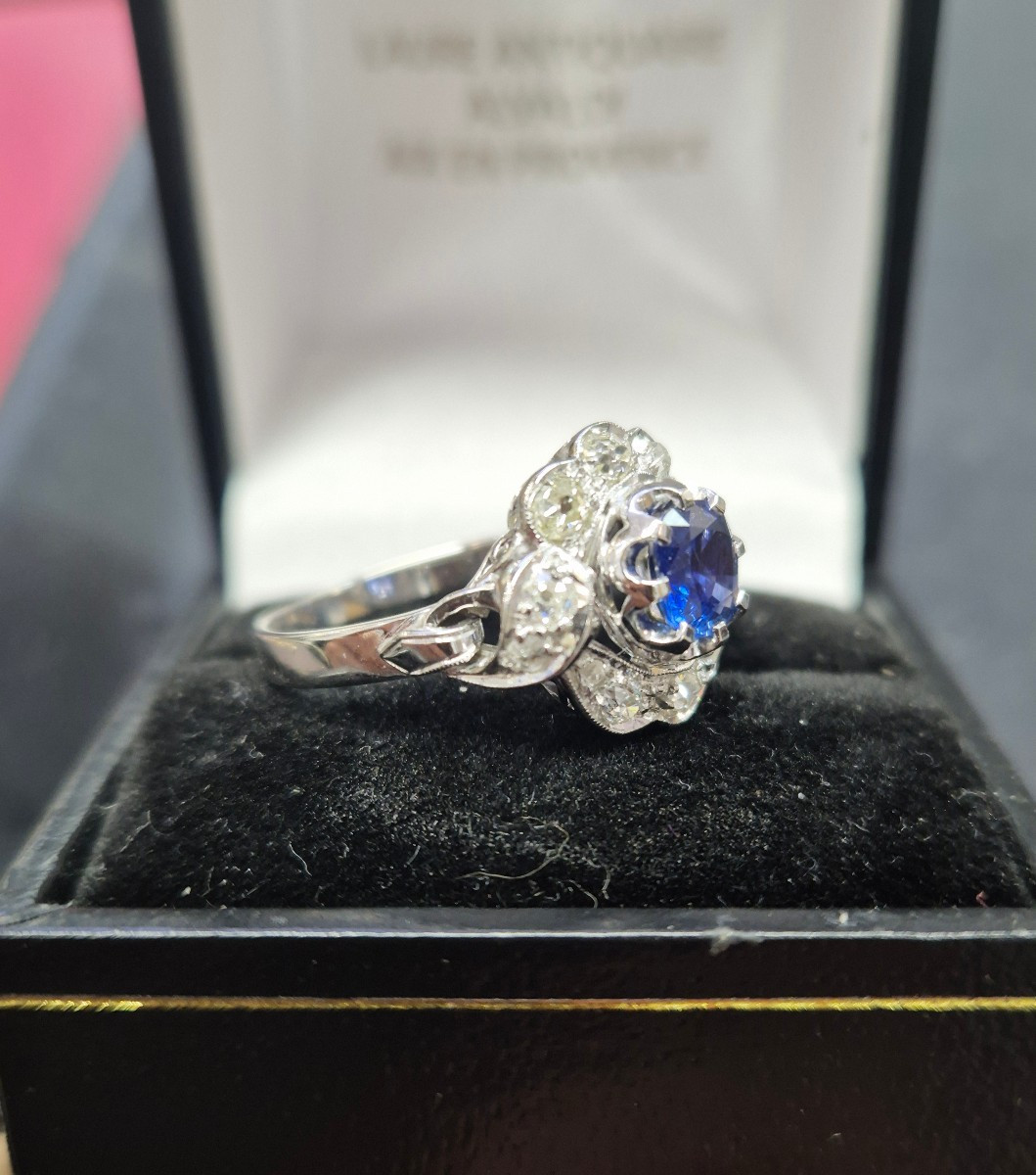 Art Deco Ring In White Gold  Saphire And Diamonds-photo-3