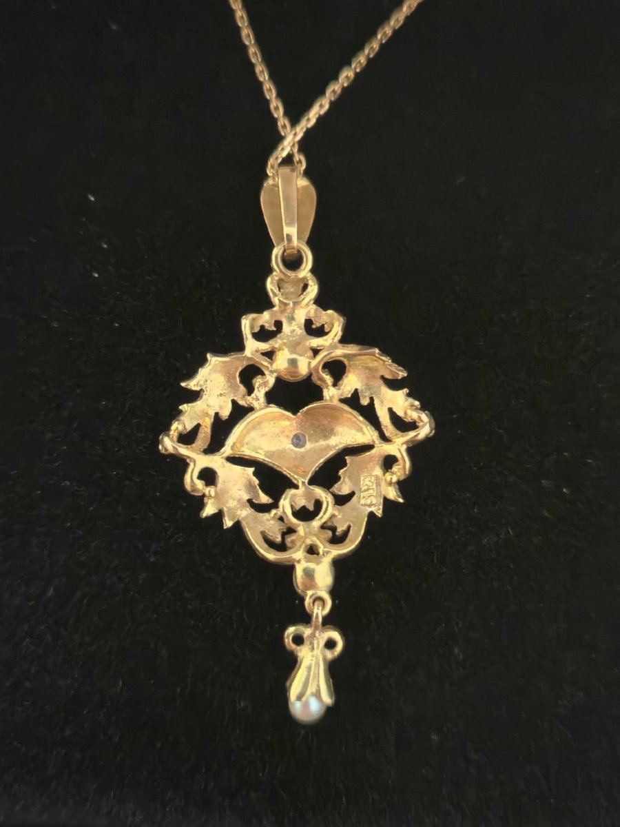 Pendentif Ancien Art Nouveau en Or Jaune, Émail Bleu et Perles Fine-photo-4