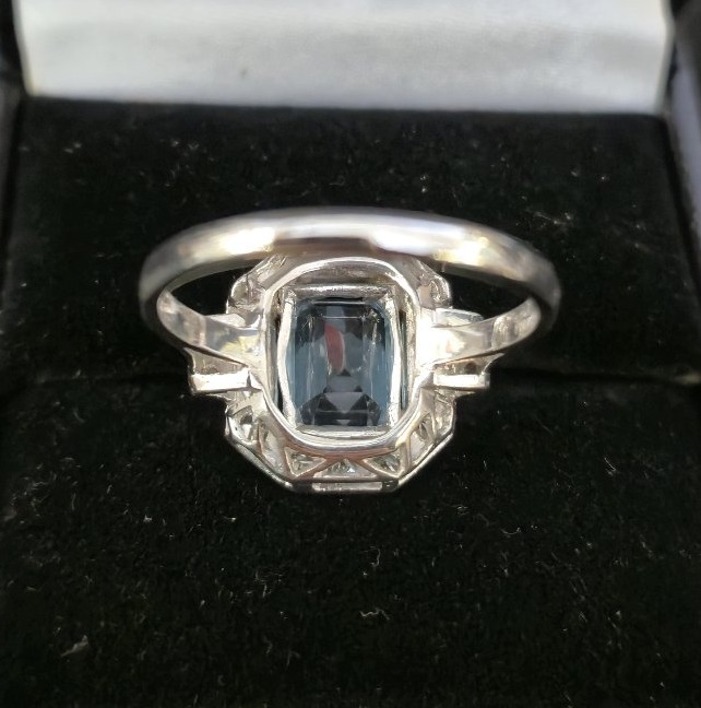 Bague art déco platine aigue marine diamants-photo-4