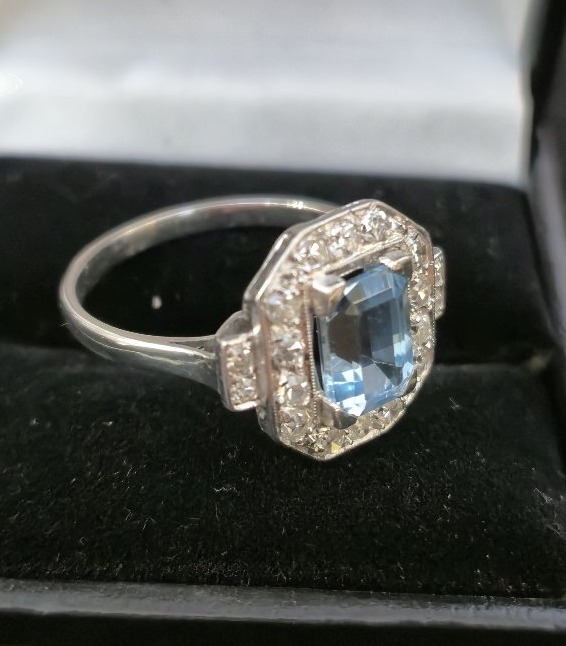 Bague art déco platine aigue marine diamants-photo-1
