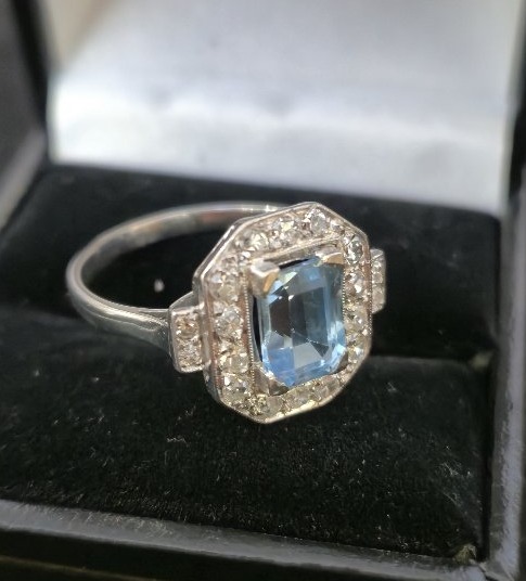 Bague art déco platine aigue marine diamants-photo-2