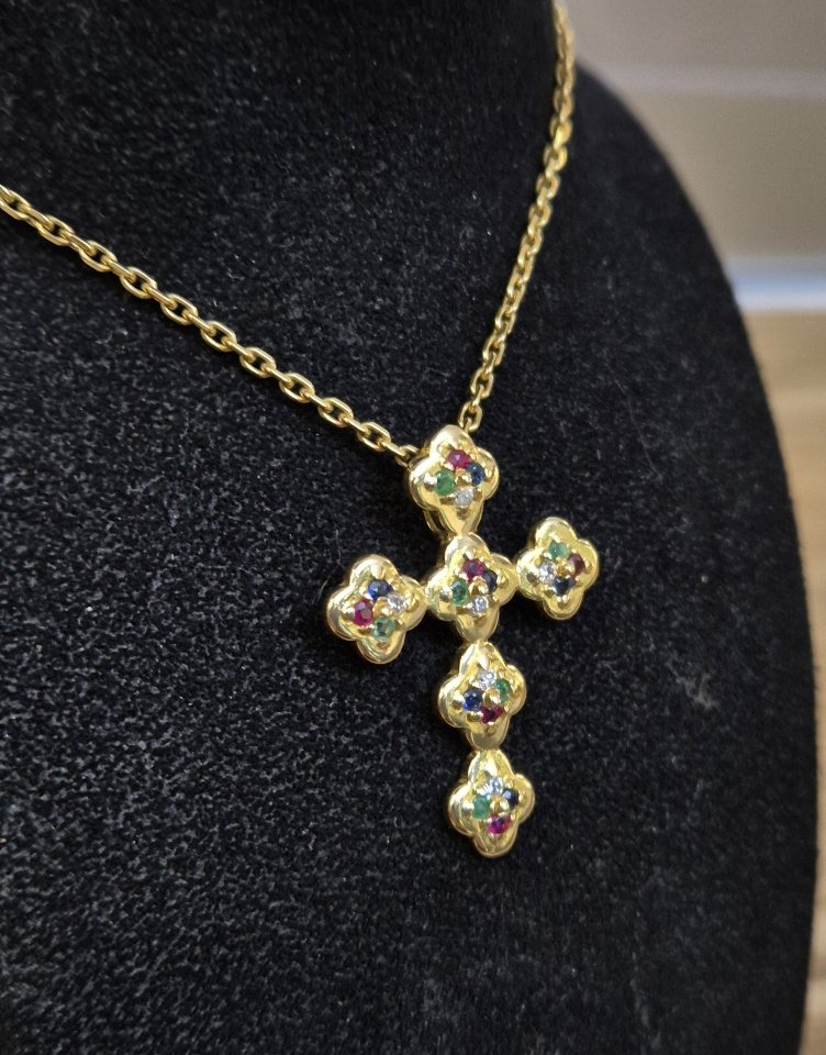 Antique Cross Pendant With Gemstones And 18-karat Gold -photo-3