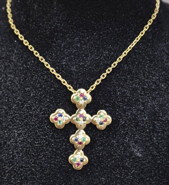 Antique Cross Pendant With Gemstones And 18-karat Gold -photo-4