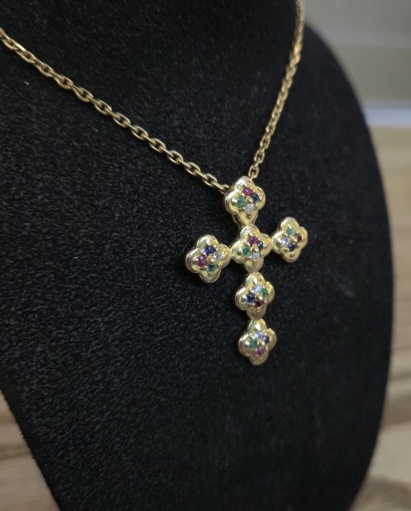 Antique Cross Pendant With Gemstones And 18-karat Gold -photo-2