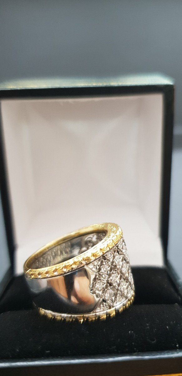 Bague Dentelle Années 1990 Bicolore En Or Jaune et gris 750 Et Diamants -photo-3