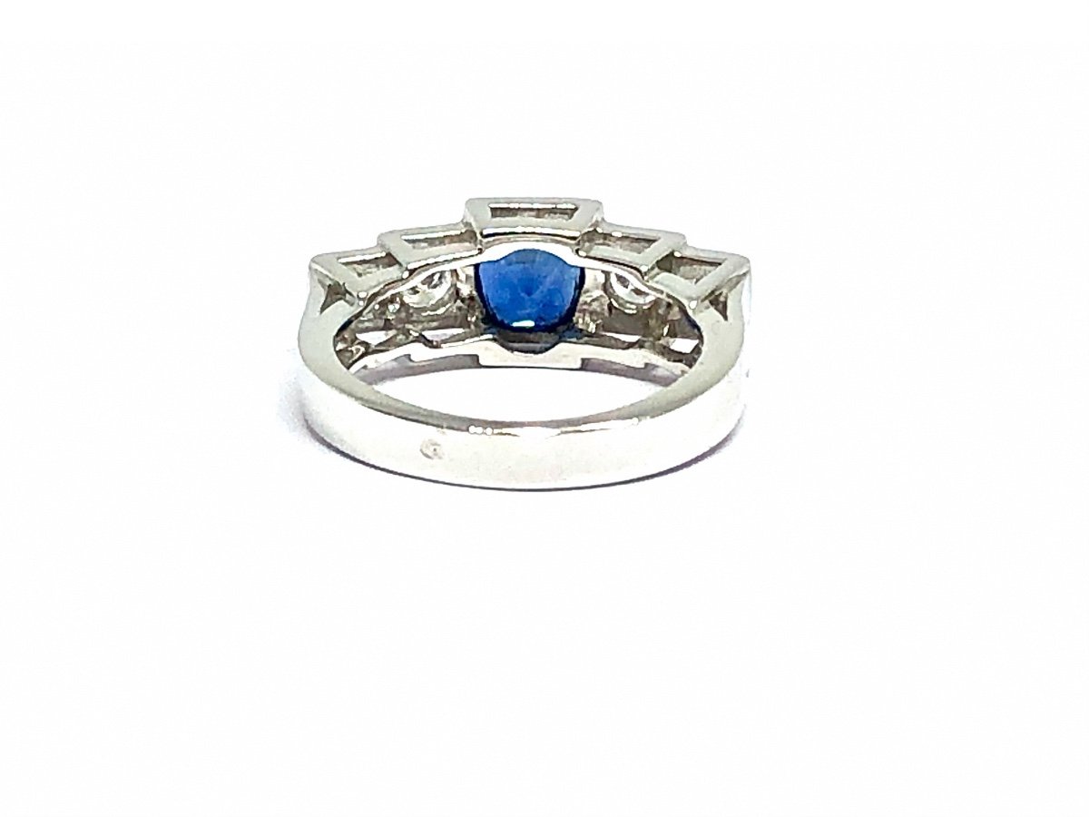 1980s Ring, Art-deco Spirit, 750 White Gold, Sapphire And Diamonds.-photo-4