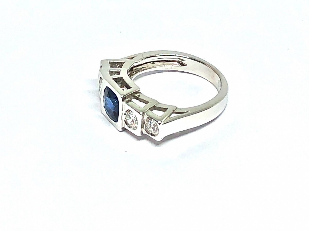 1980s Ring, Art-deco Spirit, 750 White Gold, Sapphire And Diamonds.-photo-1