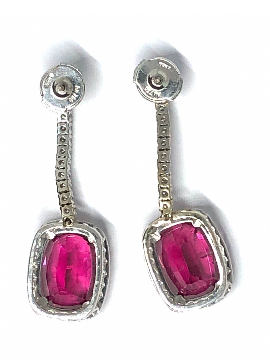 Boucles D’oreilles Or Gris 750 Serties De Rubellites Et Diamants  -photo-3