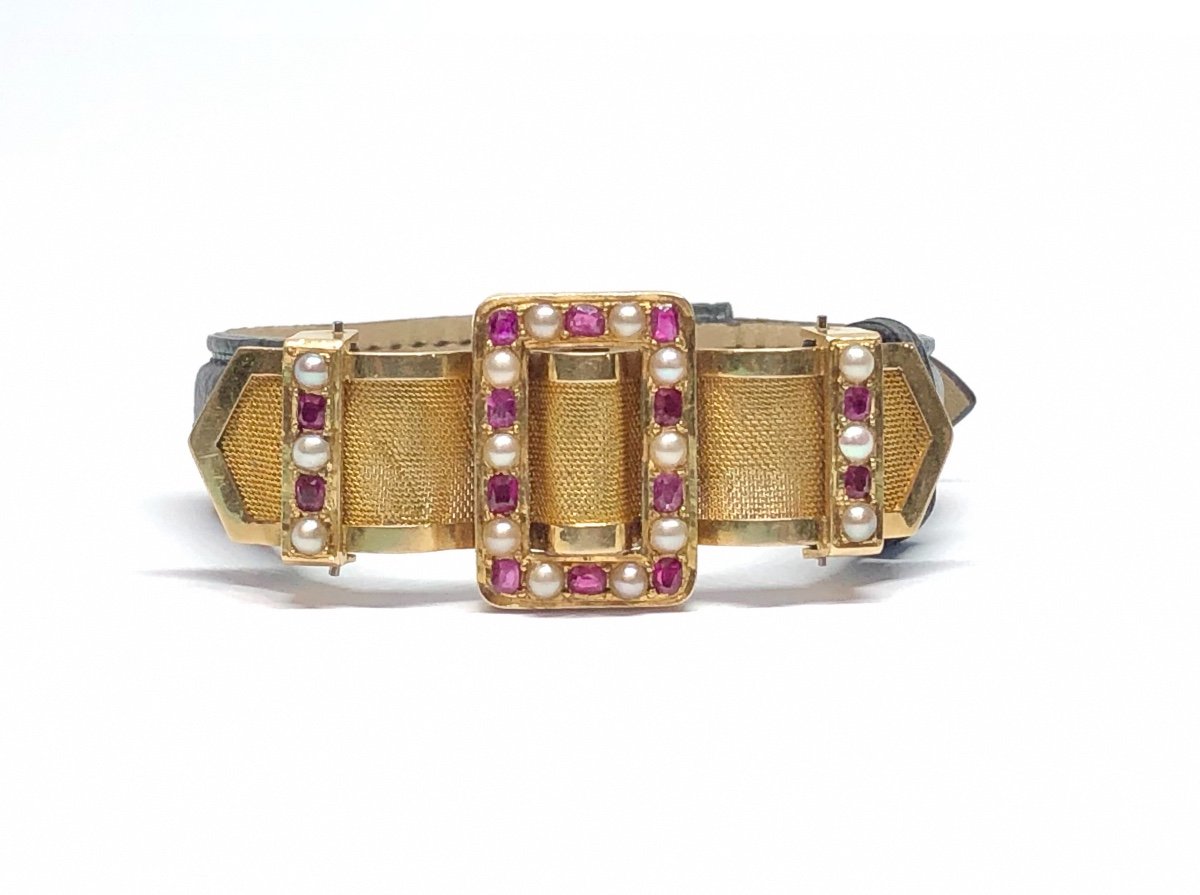 Bracelet Motif Central Années  40, Orné De Rubis Birmans, Perles Fines