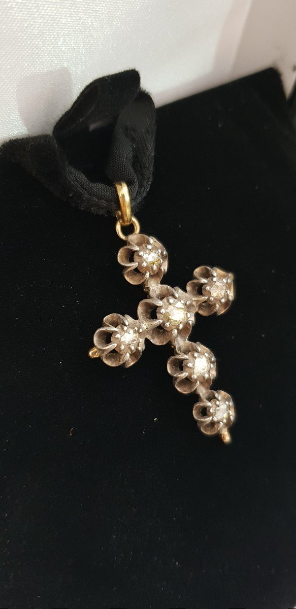 Croix Provençale XIX Eme Siècle, Or 750 Millièmes, Argent Et Diamants Taille Rose. -photo-4