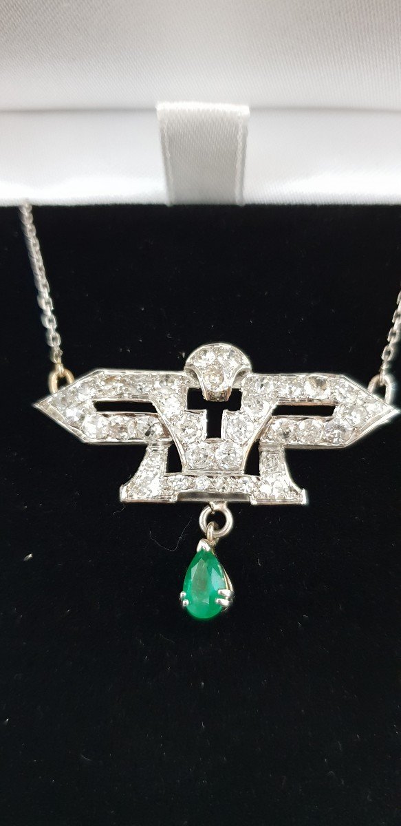 Art Deco Platinum Diamonds And Emerald Pendant-photo-2