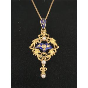 Pendentif Ancien Art Nouveau en Or Jaune, Émail Bleu et Perles Fine