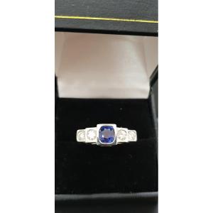 1980s Ring, Art-deco Spirit, 750 White Gold, Sapphire And Diamonds.