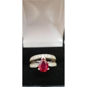 750 Thousandths White Gold Ring Set With An Exceptional Pear-cut Ruby Of 2.20 Carats