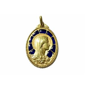 Médaille Vierge Sur Un Décor Floral En Or Jaune 750 Millièmes (18k)art Nouveau 