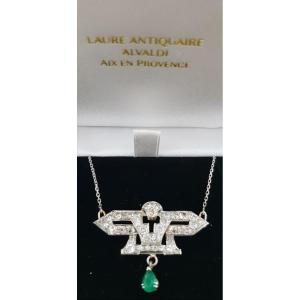 Art Deco Platinum Diamonds And Emerald Pendant