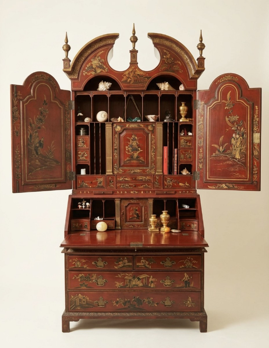 Red Lacquer Cabinet With Chinoiserie Decoration