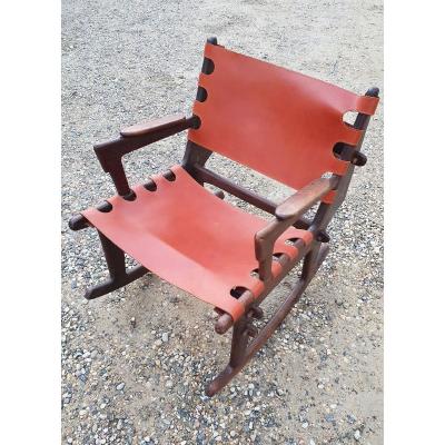 Rocking Chair - Rocking Chair In Mahogany And Leather From 1950-1960