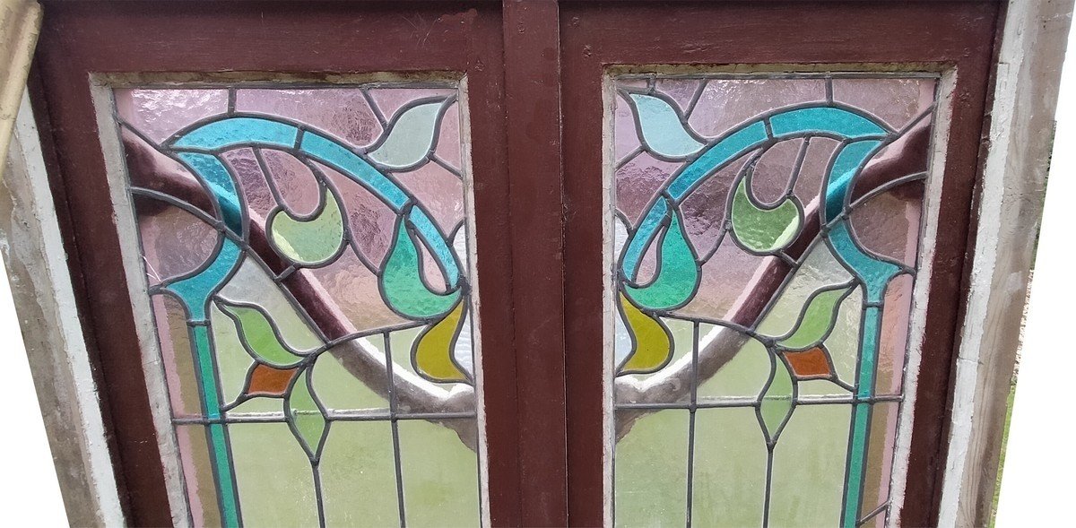 Fenêtre Ancienne Superbe Vitrail Période Art Nouveau Porte Vitraux-photo-1
