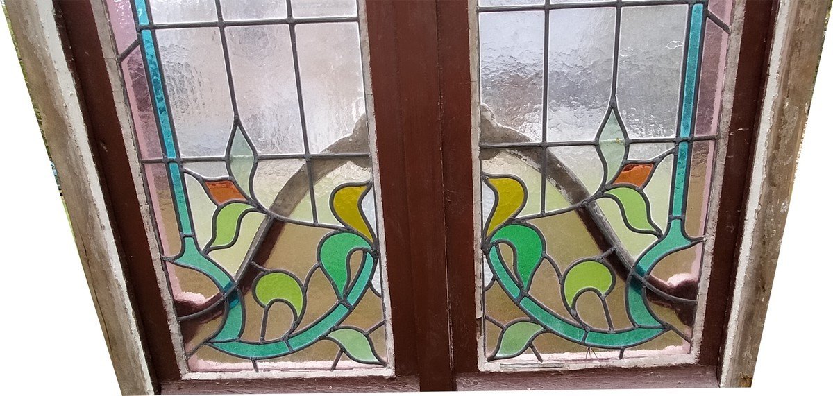 Fenêtre Ancienne Superbe Vitrail Période Art Nouveau Porte Vitraux-photo-2