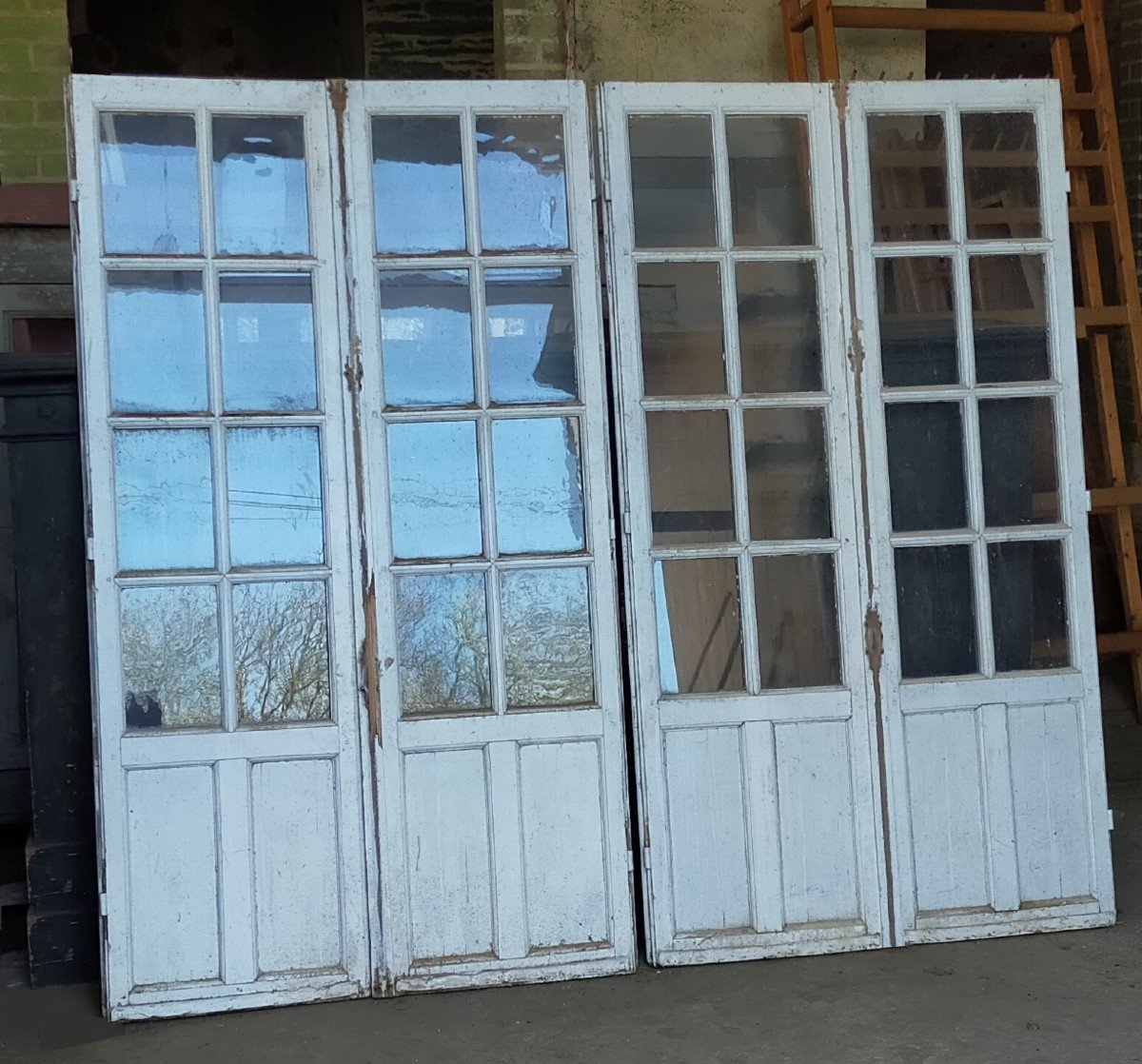 2 Doubles Portes Vitrées Anciennes Fin XIXème Atelier Loft Cloison Vitrée Meubles Vitrines