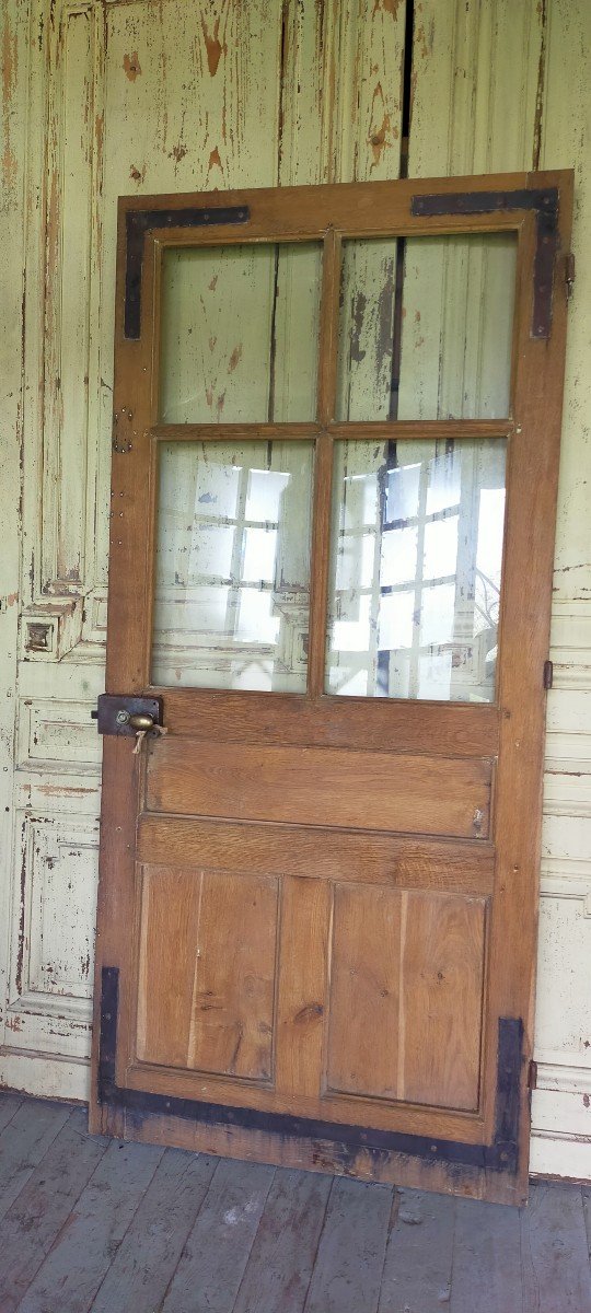 Old Glass Door In Oak 4 Tiles With Its Frame And Transom-photo-2