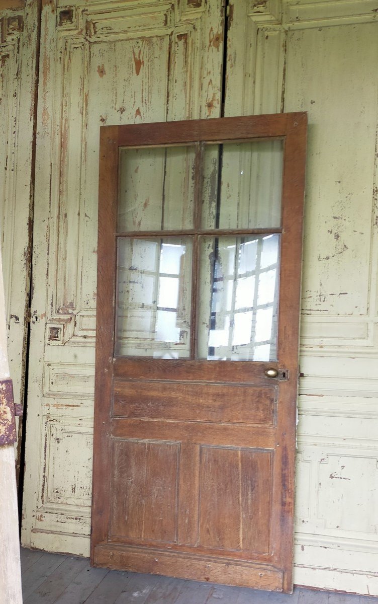 Porte Vitrée Ancienne En Chêne 4 Carreaux avec son cadre et imposte-photo-4