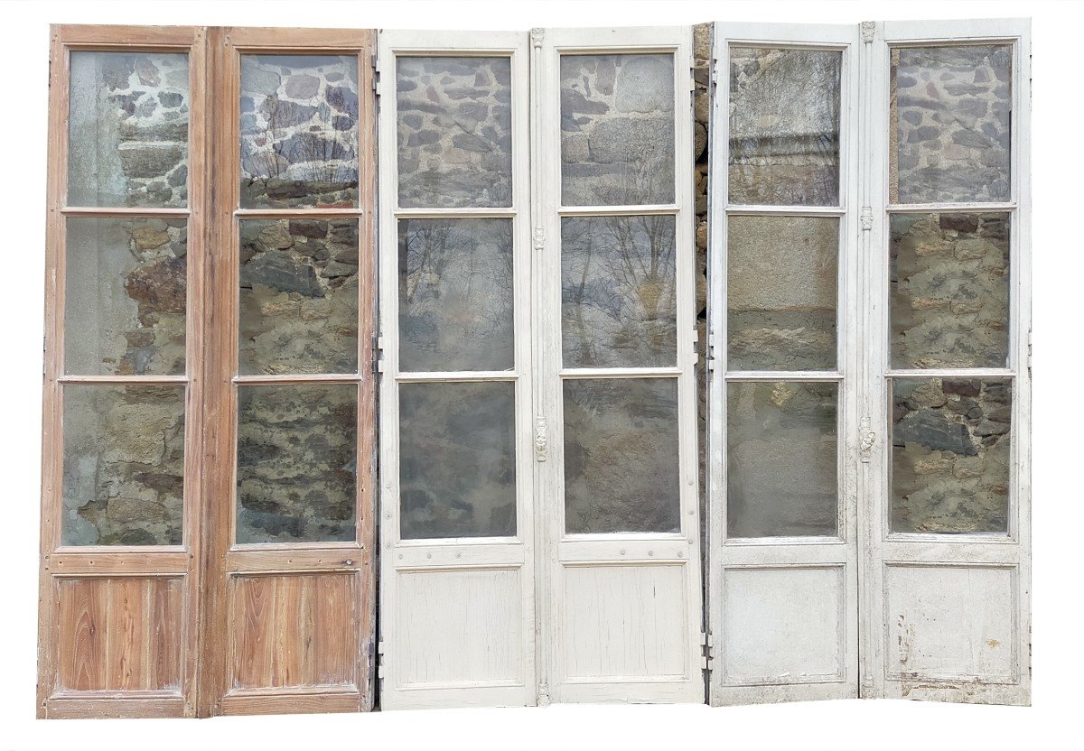 3 Portes Fenêtres Anciennes En Chêne Cloison Vitrée Vitrine Bibliothèque-photo-2