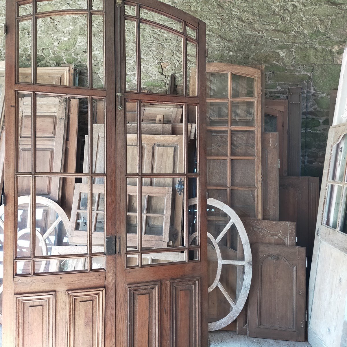 Large Antique Double Glass Door In Oak From The End Of The 19th Century With Its Frame-photo-2