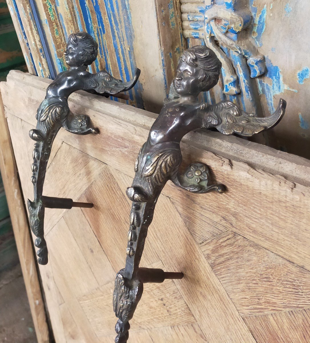 Pair Of Antique Door Pull Handles Angel Cherub Putti Oak Ironwork-photo-4
