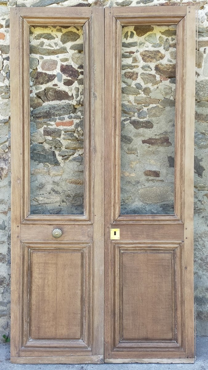 Double porte vitrée ancienne 2 grands carreaux époque 1880 en chêne-photo-1