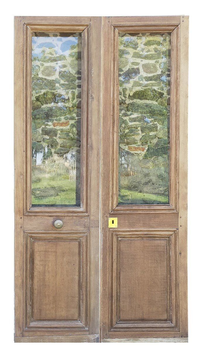 Double porte vitrée ancienne 2 grands carreaux époque 1880 en chêne