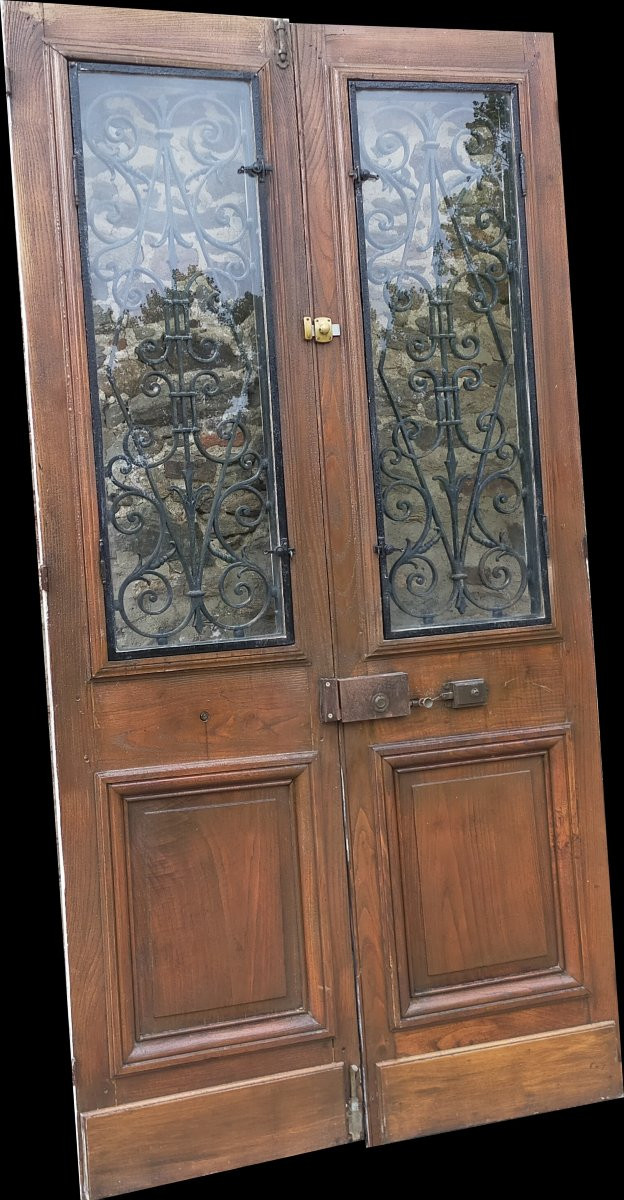 Antique Double Glass Entrance Door With Wrought Iron Grilles-photo-1