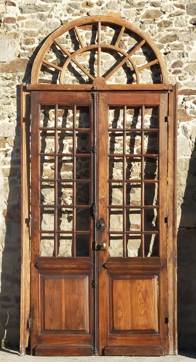 Double porte vitrée ancienne en chêne Orangerie avec son imposte cintrée-photo-3