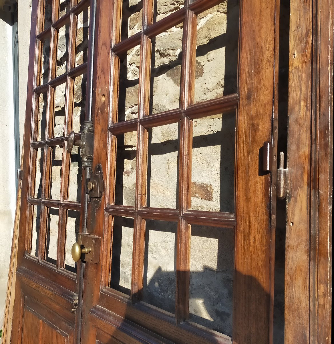 Double porte vitrée ancienne en chêne Orangerie avec son imposte cintrée-photo-4