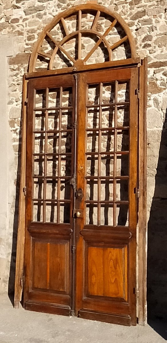 Double porte vitrée ancienne en chêne Orangerie avec son imposte cintrée-photo-1