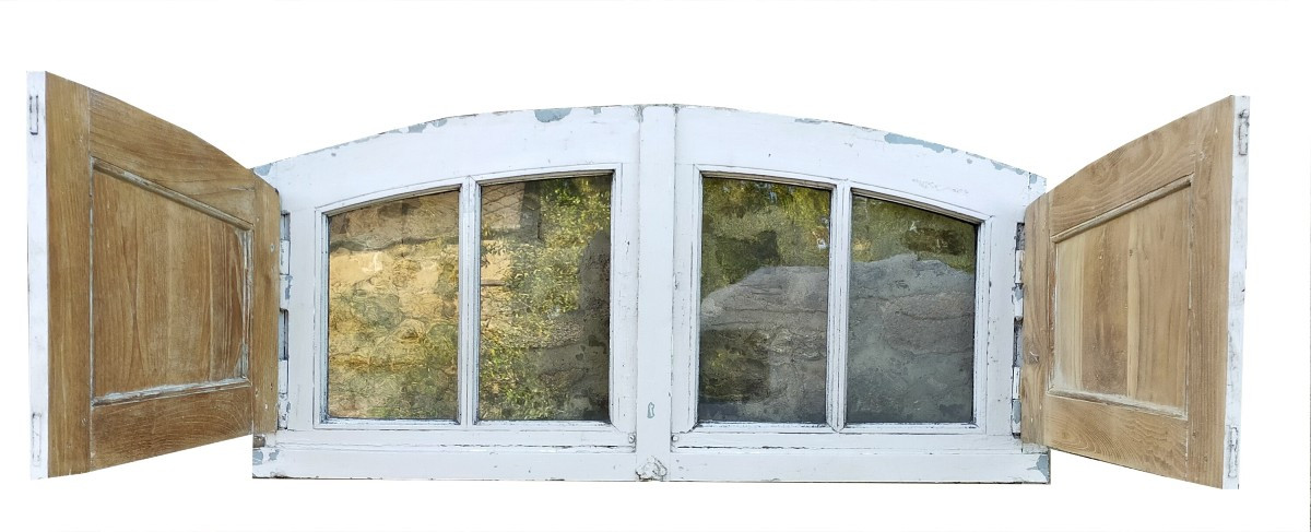 Antique 19th Century Arched Oak Transom With Interior Bull's-eye Shutters And Doors Ref B