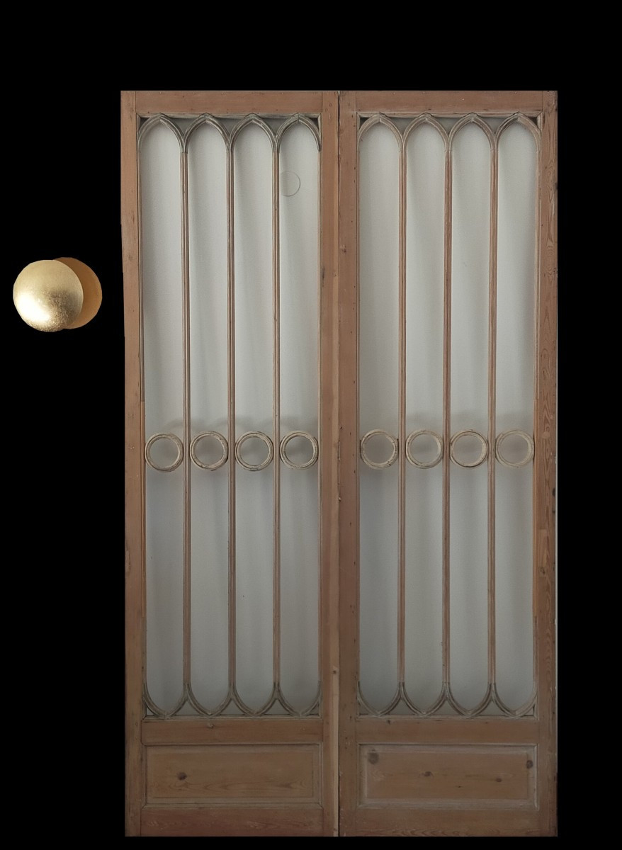 Antique Double Glazed Door "with Circles" Partition, Bay Window, Woodwork